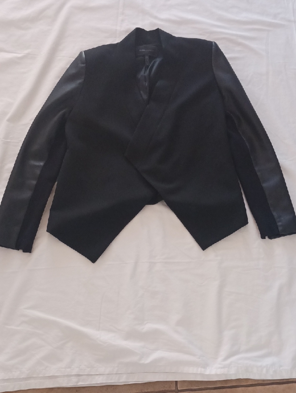 BCBGMaxAzria Black Draped Open-Front Blazer with Faux Leather Sleeves